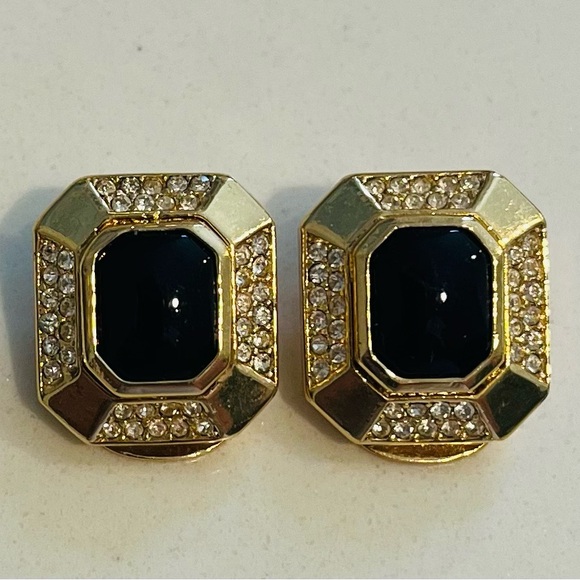Vintage Christian Dior Gold Tone Clip Crystal Earrings Black Enamel Signed - Picture 1 of 4